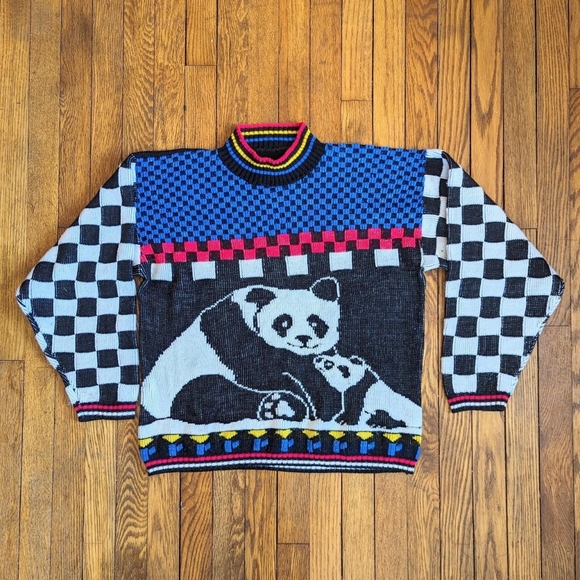Vintage Sweaters - Vintage 80's Panda Geometric Checker Print Knit Sweater